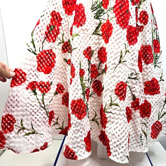 Betsey Johnson Red White A Line Fit Flare Floral Textured Midi Dress - Picture 2 of 7